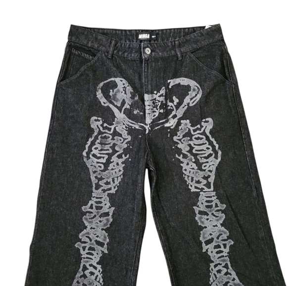 Minga London Bones Black Washed Denim Jeans Skeleton Print Wide Baggy Leg SZ 36 - Picture 4 of 16